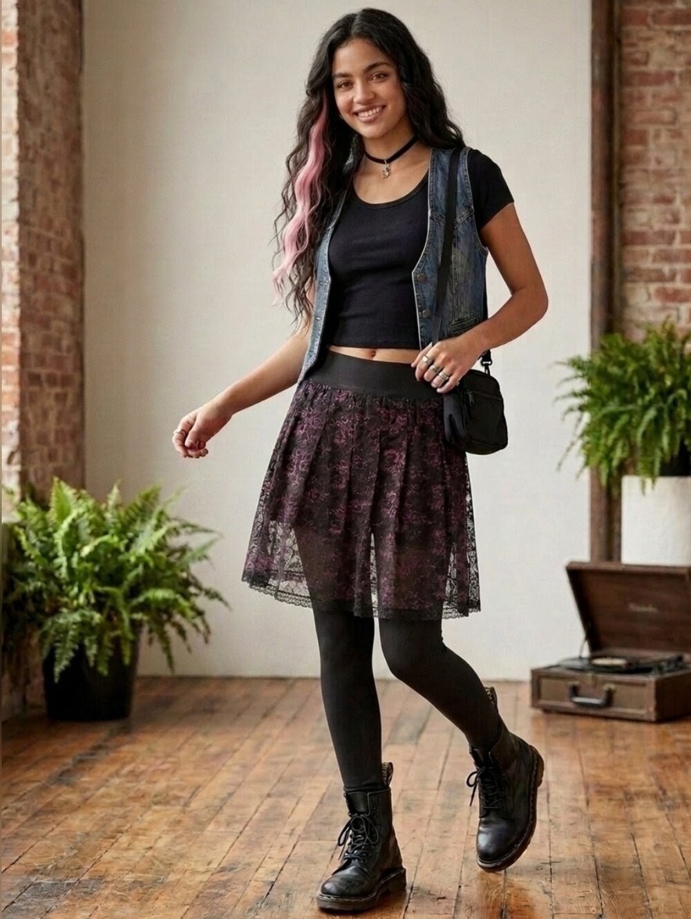 Lacey Goth Dark Coquette 80s 90s Fuchsia Black Pink Sheer Floral Mini Skirt VTG